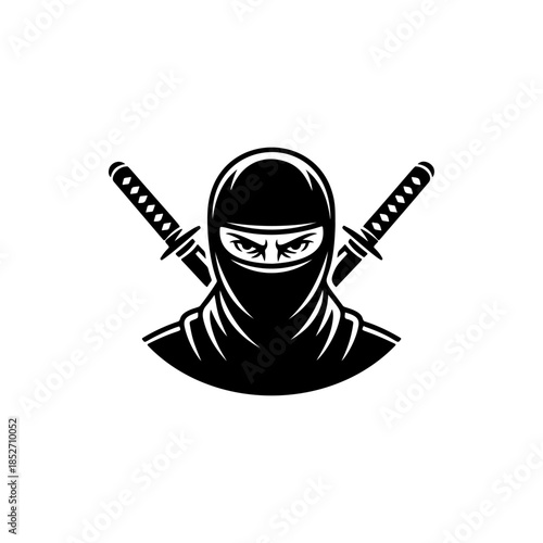A stealthy black and white vector logo of a ninja warrior with crossed katanas, symbolizing secrecy, martial arts, strength, and discipline.