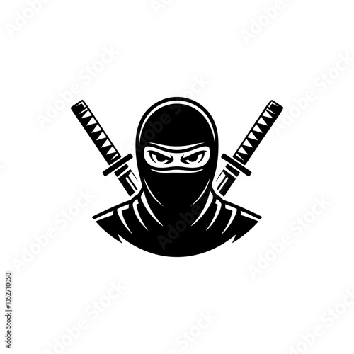 A stealthy black and white vector logo of a ninja warrior with crossed katanas, symbolizing secrecy, martial arts, strength, and discipline.