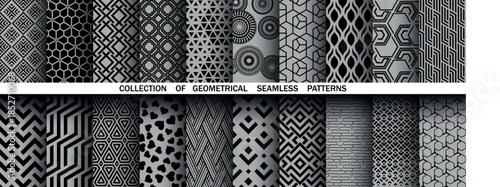 Geometric set of seamless black and gray patterns. Simple vector graphics