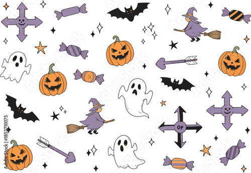 Halloweenthemed pattern with pumpkins ghosts bats witches and candy on a white background