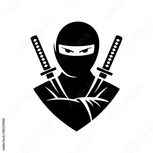 A stealthy black and white vector logo of a ninja warrior with crossed katanas, symbolizing secrecy, martial arts, strength, and discipline.