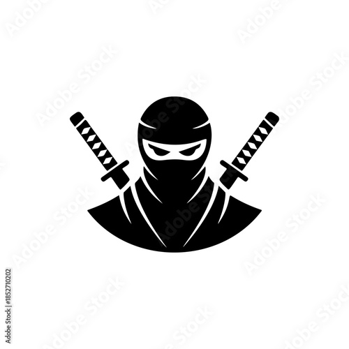 A stealthy black and white vector logo of a ninja warrior with crossed katanas, symbolizing secrecy, martial arts, strength, and discipline.