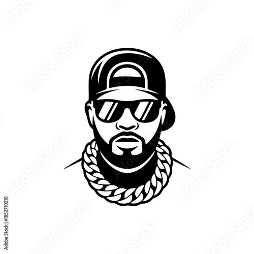 A cool black and white vector logo of a male rapper wearing a baseball cap, sunglasses, and thick gold chain, symbolizing hip-hop culture and music.
