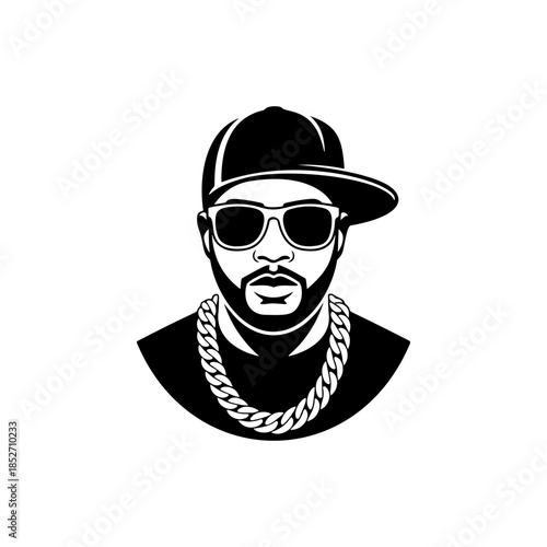 A cool black and white vector logo of a male rapper wearing a baseball cap, sunglasses, and thick gold chain, symbolizing hip-hop culture and music.