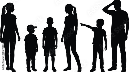 Family silhouettes standing together illustration with parents and children expressing gestures and interaction black vector people icons isolated white background