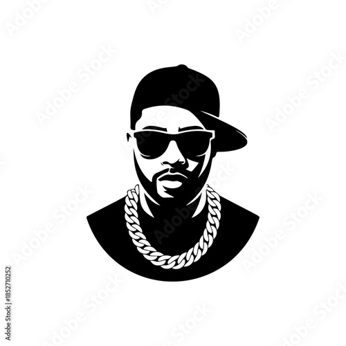 A cool black and white vector logo of a male rapper wearing a baseball cap, sunglasses, and thick gold chain, symbolizing hip-hop culture and music.