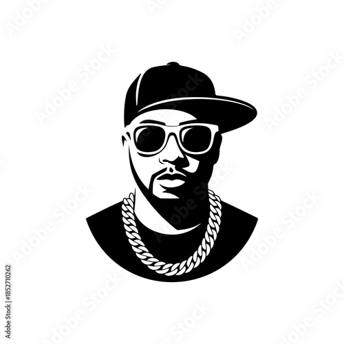 A cool black and white vector logo of a male rapper wearing a baseball cap, sunglasses, and thick gold chain, symbolizing hip-hop culture and music.