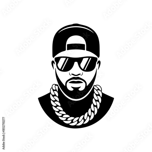 A cool black and white vector logo of a male rapper wearing a baseball cap, sunglasses, and thick gold chain, symbolizing hip-hop culture and music.