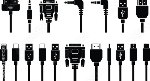 Electronic connector cable silhouettes illustration with USB HDMI audio plugs adapters collection black vector icons isolated white background design set