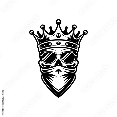 A fierce black and white vector logo of a human skull wearing a royal crown and a bandanna covering the lower face, symbolizing rebellious royalty or power.