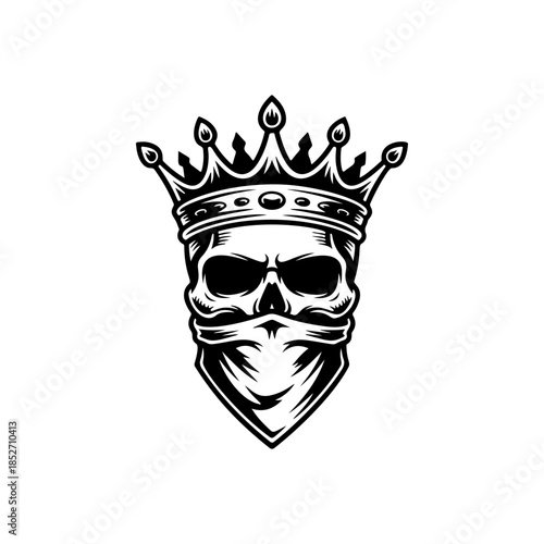 A fierce black and white vector logo of a human skull wearing a royal crown and a bandanna covering the lower face, symbolizing rebellious royalty or power.