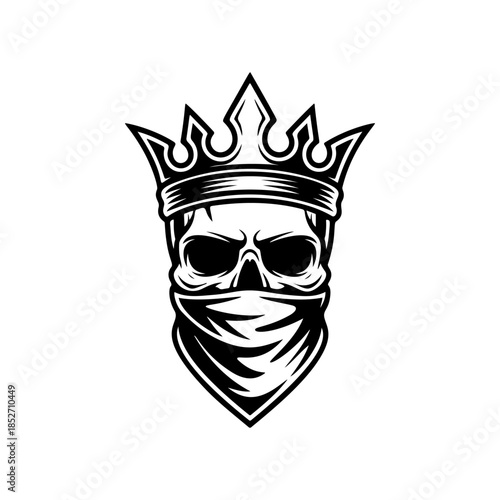 A fierce black and white vector logo of a human skull wearing a royal crown and a bandanna covering the lower face, symbolizing rebellious royalty or power.