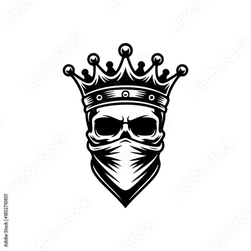 A fierce black and white vector logo of a human skull wearing a royal crown and a bandanna covering the lower face, symbolizing rebellious royalty or power.