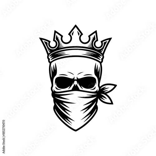 A fierce black and white vector logo of a human skull wearing a royal crown and a bandanna covering the lower face, symbolizing rebellious royalty or power.