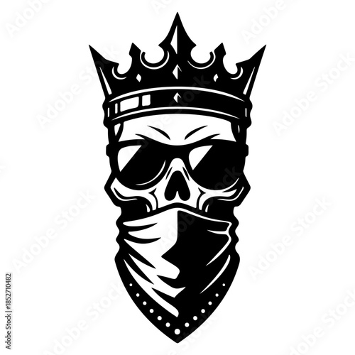 A fierce black and white vector logo of a human skull wearing a royal crown and a bandanna covering the lower face, symbolizing rebellious royalty or power.