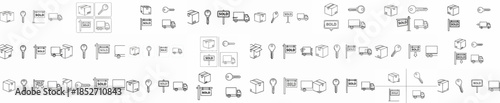 Moving, Real Estate, and Delivery Outline Icons Set: Featuring Keys, Sold Signs, Cardboard Boxes, and Logistics Trucks in Repetitive Pattern.