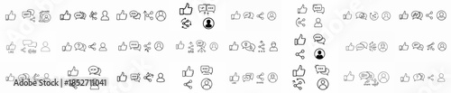 Collection of Outline Social Media Interaction Icons, Including Like, Comment, Share, and User Profile Symbols for Web and App Interfaces
