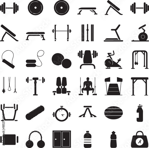 Gym and Fitness Equipment Silhouette Icons Set – Workout, Training and Exercise Symbols
