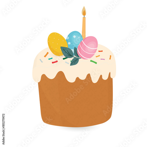 Easter Cake with Candle and Decorated Eggs. Festive Holiday Illustration