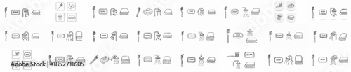 A collection of repeated line art icons representing essential hygiene and bathroom items: toothbrush, soap, shower, and towel, set against a white background.