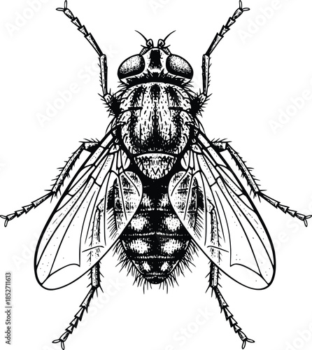 Illustrated Fly Closeup Detailed Drawing
