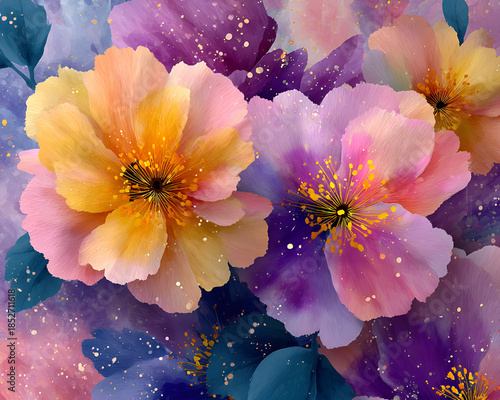 Vibrant Watercolor Floral Pattern with Pink Purple and Yellow Blossoms on Transparent Background