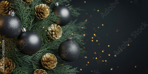 Elegant Black and Gold Christmas Ornaments with Pine Branches on Dark Background