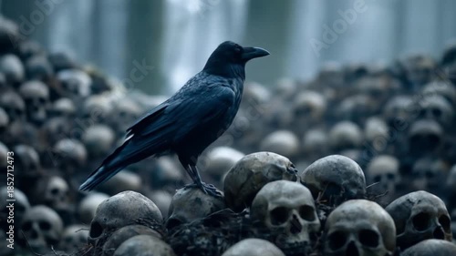 A lone crow perched atop a heap of skulls in a fogbound forest, somber, eerie, macabre omen gloom.!!