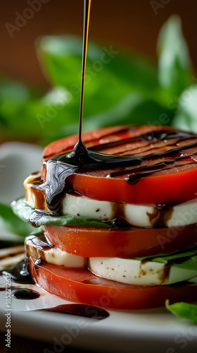 Caprese salad stack with balsamic glaze and fresh basil leaves