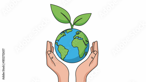 Hands holding a vibrant green planet Earth with sprouting leaves, representing growth and sustainability