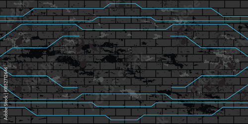 Blue neon technology lines on brick grunge wall. Abstract vector background