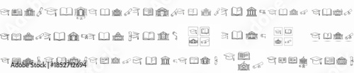 Line art seamless pattern of education and graduation icons including university, school building, graduation cap, book, and diploma scroll on a white background.