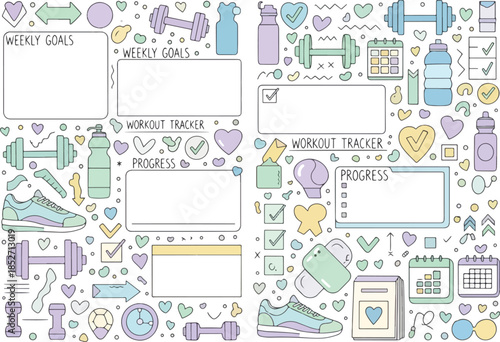 Pastelcolored fitness tracker bullet journal spread with goal and progress sections