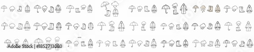 Outline icons seamless pattern featuring essential rain gear like umbrellas, rubber boots, and raincoats, along with rain clouds, on a white background.