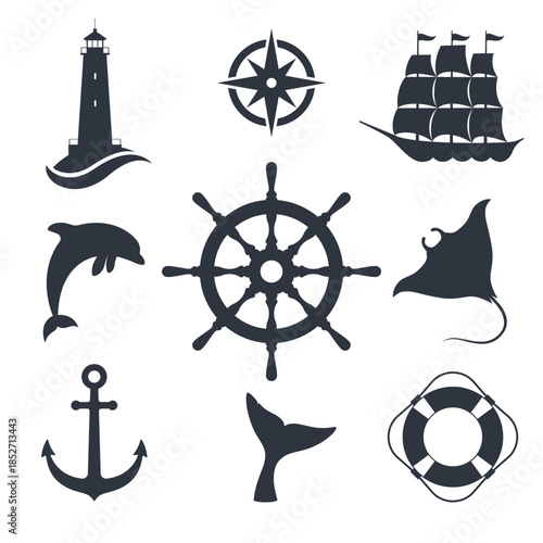 Maritime graphic symbols set. Signs of nautical topic isolated on white background. Vector illustration