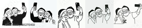 vector line art of old couple taking selfie together at Christmas