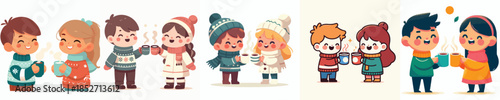 vector children drinking warm coffee together at Christmas