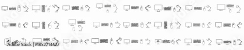 Repeating seamless pattern of desktop computer peripherals and office desk equipment line art icons on a clean white background.