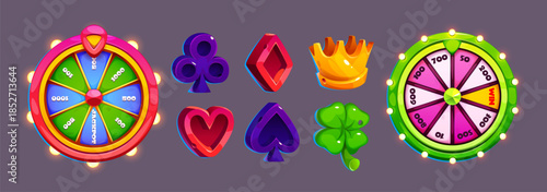 Fortune wheel and casino slot machine icons set isolated on background. Vector cartoon illustration of jackpot roulette, poker card suits, golden crown, lucky clover leaf, 3d lottery winner symbols
