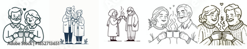 vector line art of old couple drinking warm coffee together at Christmas