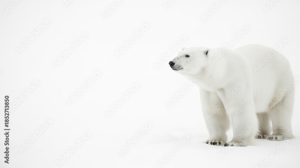 Fototapeta premium White polar bear on pure white snow background, high key photography. AI generated.