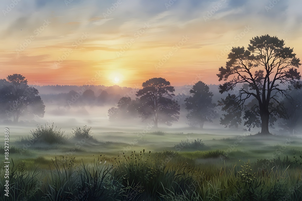 Obraz premium Morning fog rolling over a peaceful landscape
