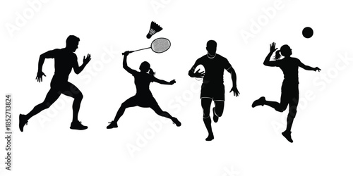 Silhouette sports icons running badminton rugby and volleyball