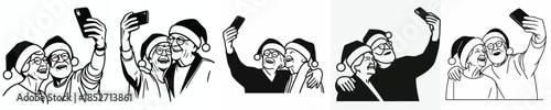 vector line art of old couple taking selfie together at Christmas