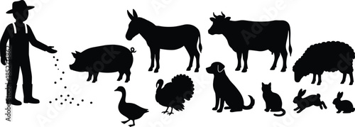Farmer feeding farm animals silhouettes illustration with cow pig sheep donkey dog cat rabbit poultry black vector isolated background design
