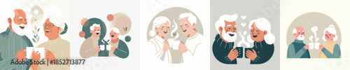vector old couple drinking warm coffee together at Christmas