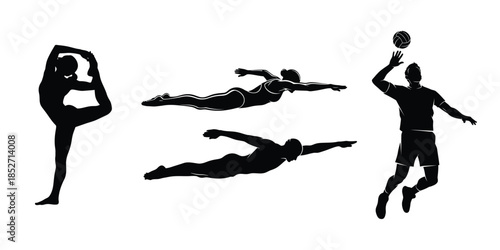 Athletic silhouettes of people performing various sports poses