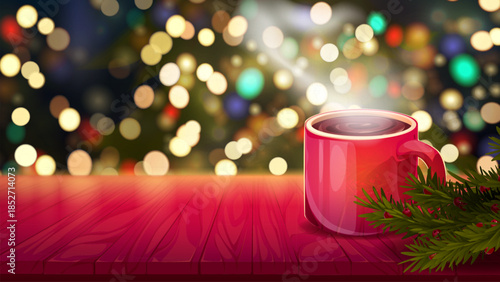 Red wooden counter with festive Christmas bokeh lights. Cozy holiday scene with cup, pine branch and blurred golden shimmer. Empty surface for product display on magical backdrop with colorful glow.