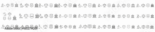Seamless linear pattern of law and justice icons, featuring gavels, scales, police badges, and courthouse buildings, symbolizing legal authority and order.
