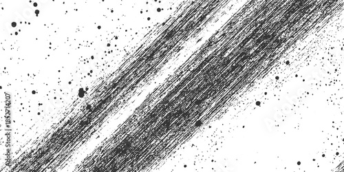 Black ink brush strokes and scattered dots on white background abstract